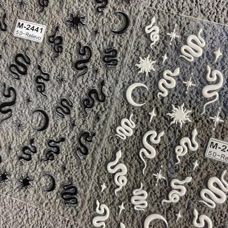 Dark Gold and Silver Snake Embossed Nail Stickers, Black and White Snake Fortune-Attracting Moon 3D DIY Nail Decoration Stickers