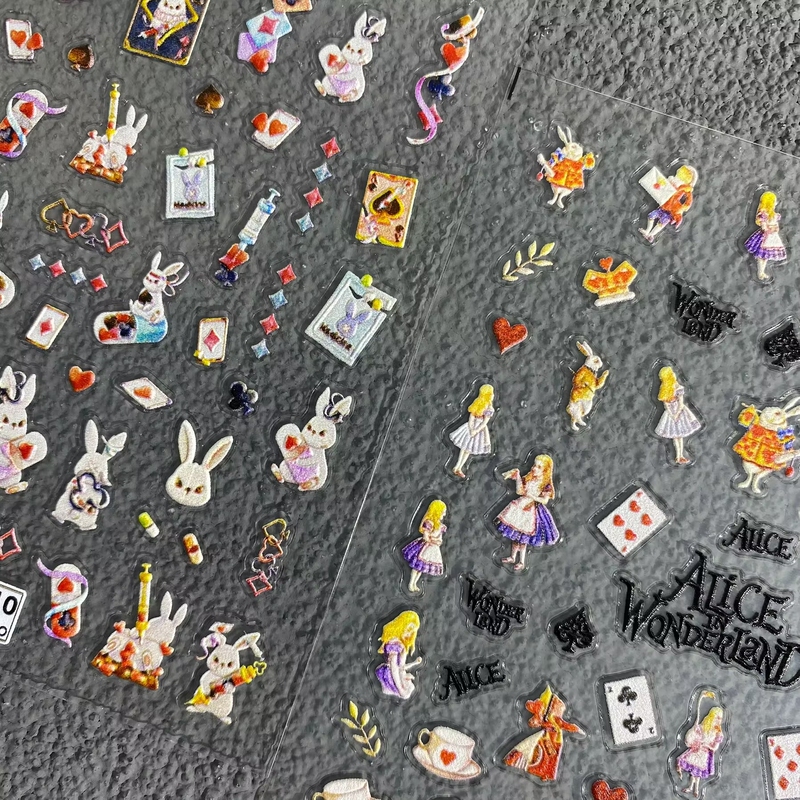 Alice in Wonderland Playing Card Rabbit 5D Embossed Nail Art Stickers Waterproof Adhesive Nail Decoration Stickers