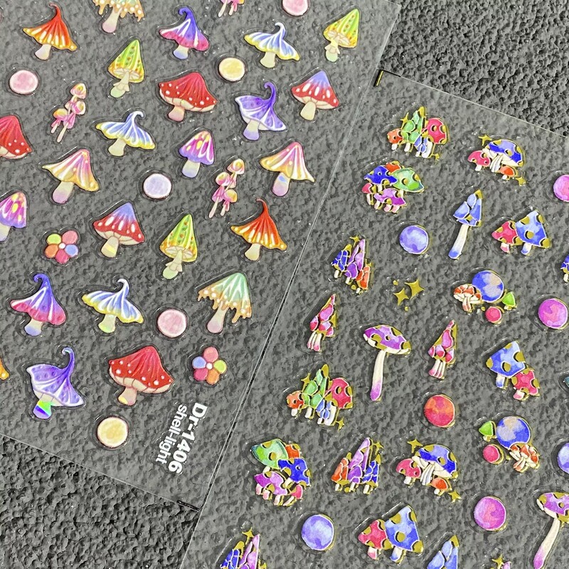 New Colorful Mushroom Embossed Nail Art Stickers 3D Iridescent Mushroom Water Cup Ccd Phone Case DIY Nail Stickers