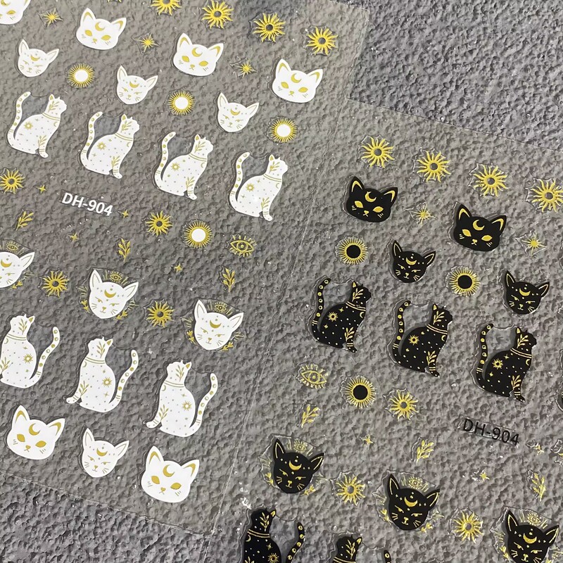 New Cute Gold-Stamped Black and White Egyptian Cat Nail Stickers, Vintage Little Black Cat Waterproof Adhesive Nail Decoration Stickers