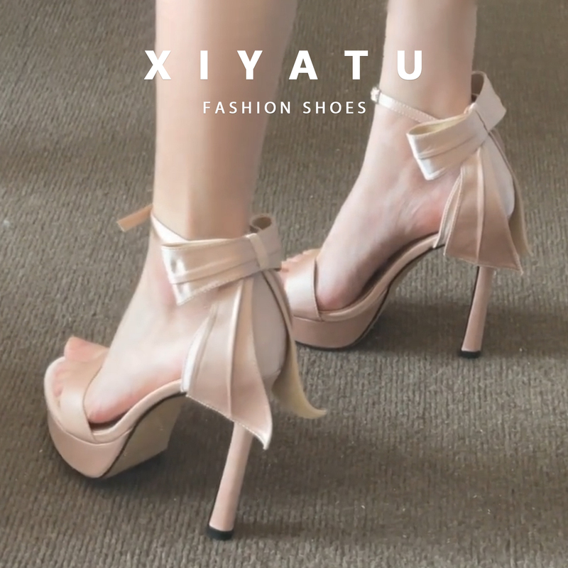 Champagne-Colored Bow-Tie Strap High-Heeled Sandals for Women 2026 New French Style Height-Increasing Waterproof Platform High Heels with Stiletto Heels