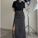 Japanese women's denim retro side zipper straight skirt