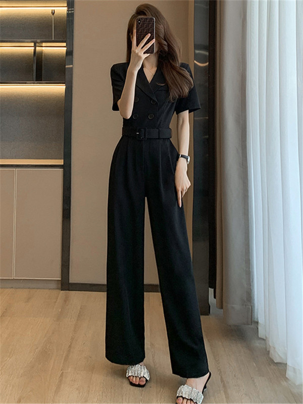 Summer New Style High-End Thin Suit Collar Workwear Jumpsuit Set for Women, Summer High-Waisted Wide-Leg Pants Long Pants