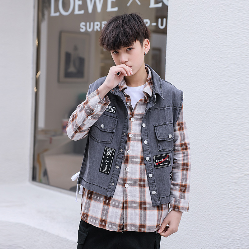 Chàng trai giả hai áo sơ mi áo khoác mùa xuân rơi 2020 mới cỡ trung boy đẹp trai denim áo tuổi teen hàng đầu.