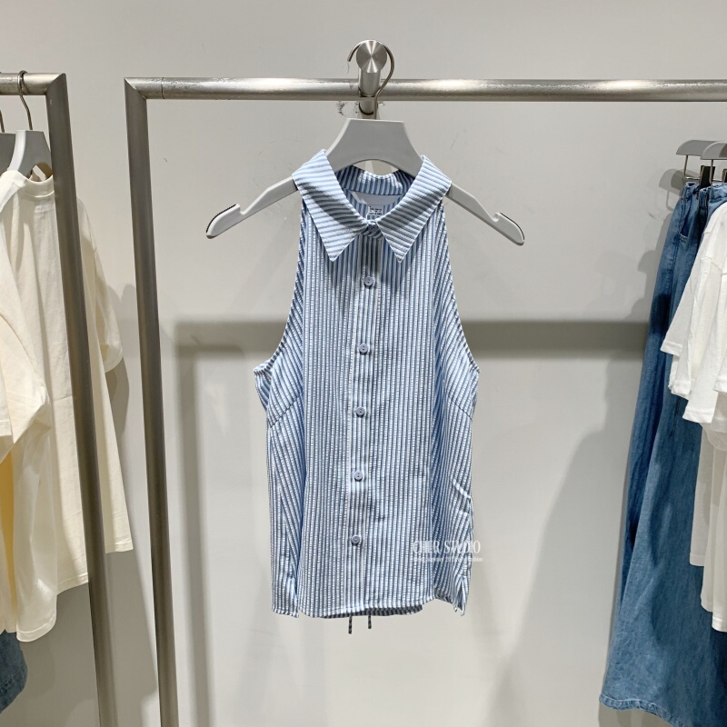Ur&Bm Vest 2025 Summer New Fashion Elegant Blue Striped Sleeveless Waist-Tie Shirt Women's Top