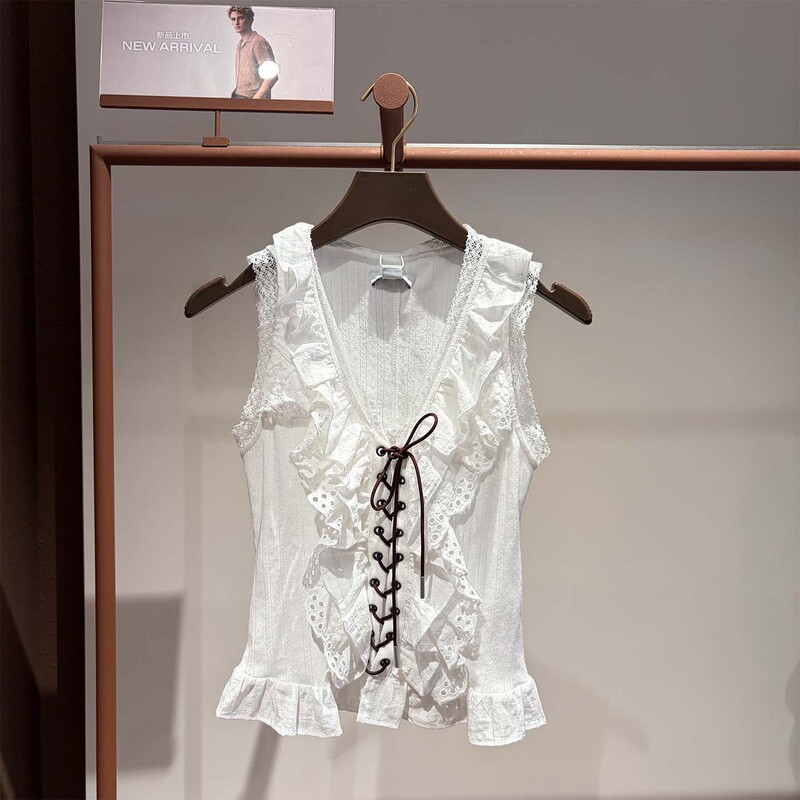 Urbfhm Vest 2026 Autum New Women's Casual Sweet Lace Trim Contrast Color Lace-Up Cardigan Shirt
