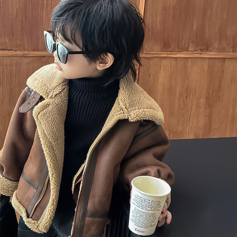 Boy gush fur coat jacket winter clothing 2023 new Korean version Child thickened clip-shirt boy cashmere blouse-Taobao