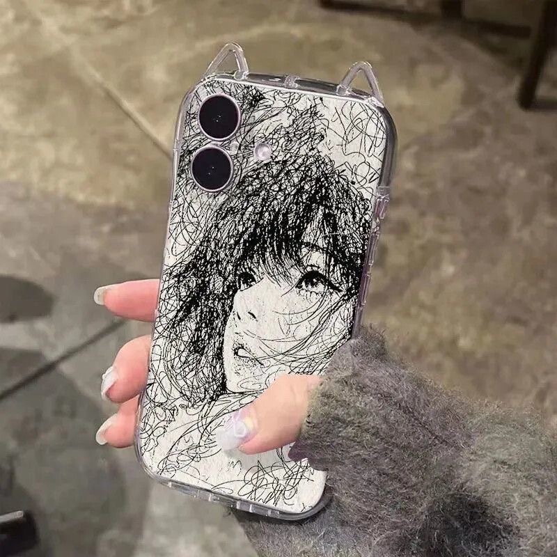 Sketchy Line Art Girl Transparent Cat Ear Phone Case for Apple 17Promax/16Plus/15Plus/14/13/12/11, Creative Personality Slim Waist Cat Ear Fashionable Shockproof
