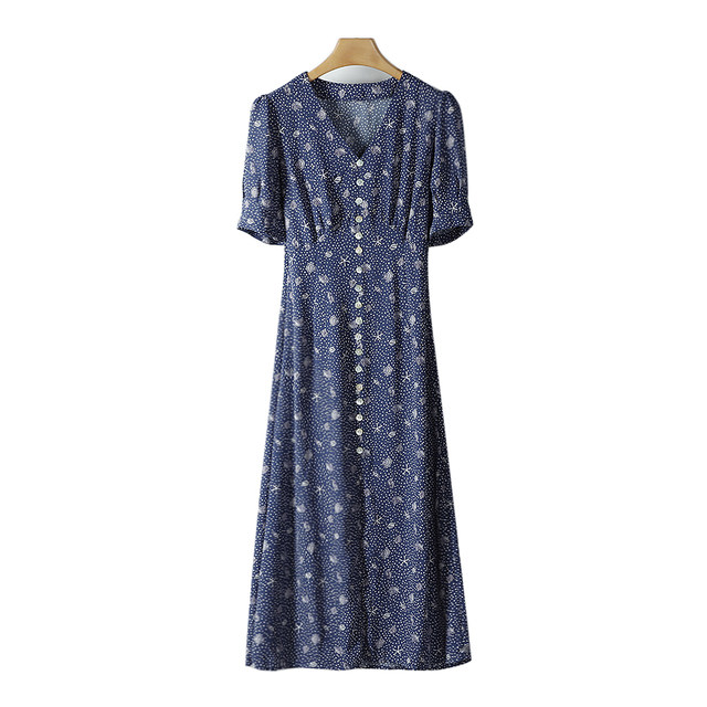 Puff sleeves polka dot buckle high waist dress G spring women ສ່ວນຫຼຸດ 17L