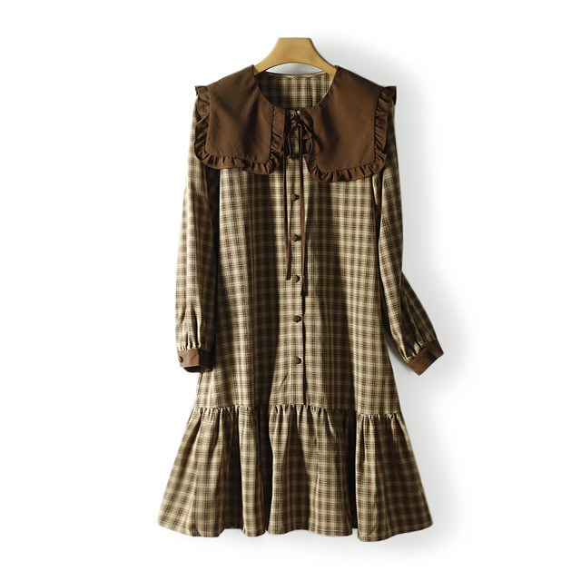 Plaid Puff Sleeve Doll Collar Ruffle Dress Hangdian Yanchun ມາໃຫມ່ແມ່ຍິງ ~ ສ່ວນຫຼຸດ 606