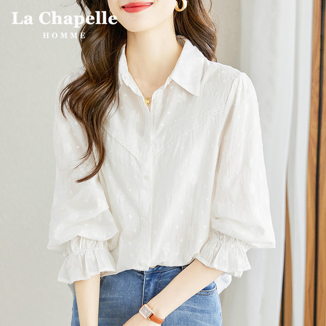 La Chapelle shirt women's long-sleeved 2023 spring and summer embroidered flowers chic and beautiful top loose French cotton shirt