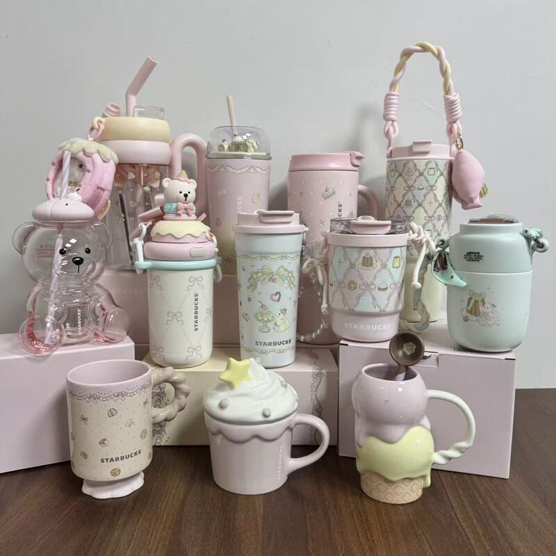 Starbucks 26 Summer Dessert Party Pink Girly Bear Ceramic Mug Stainless Steel Travel Insulated Cup