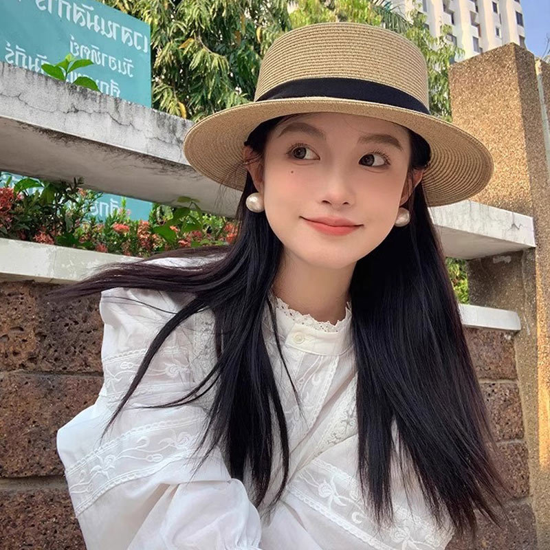 High-End Wig Hat Combo for Women, Summer Thin Style, Makes Face Look Smaller, Realistic Long Curly Hair, Ribbon Hat, Straw Hat, Hepburn Style
