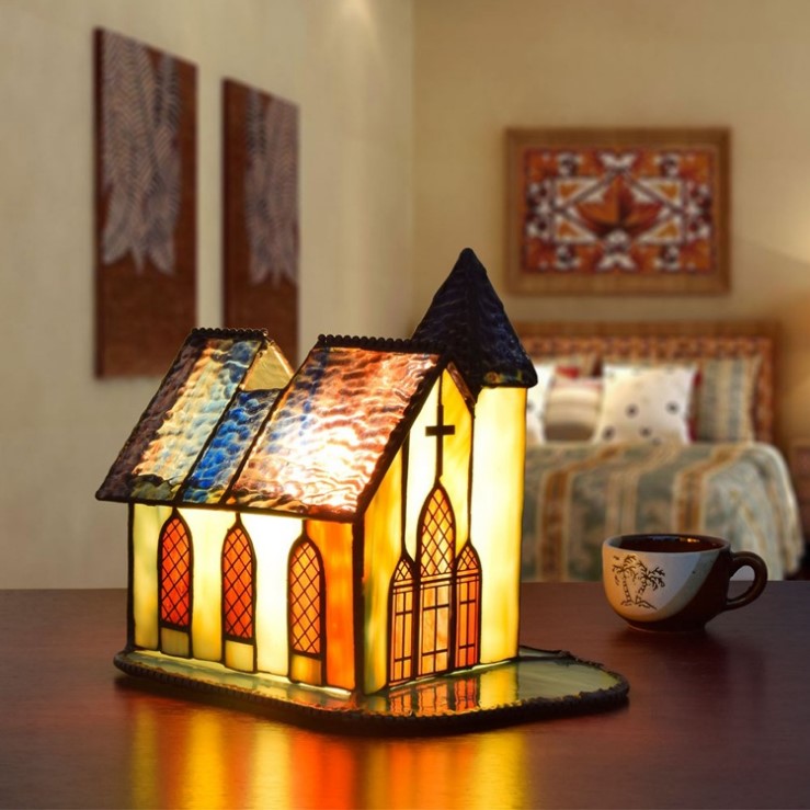 American creative retro small house art bedroom bedside small night light church glass night light