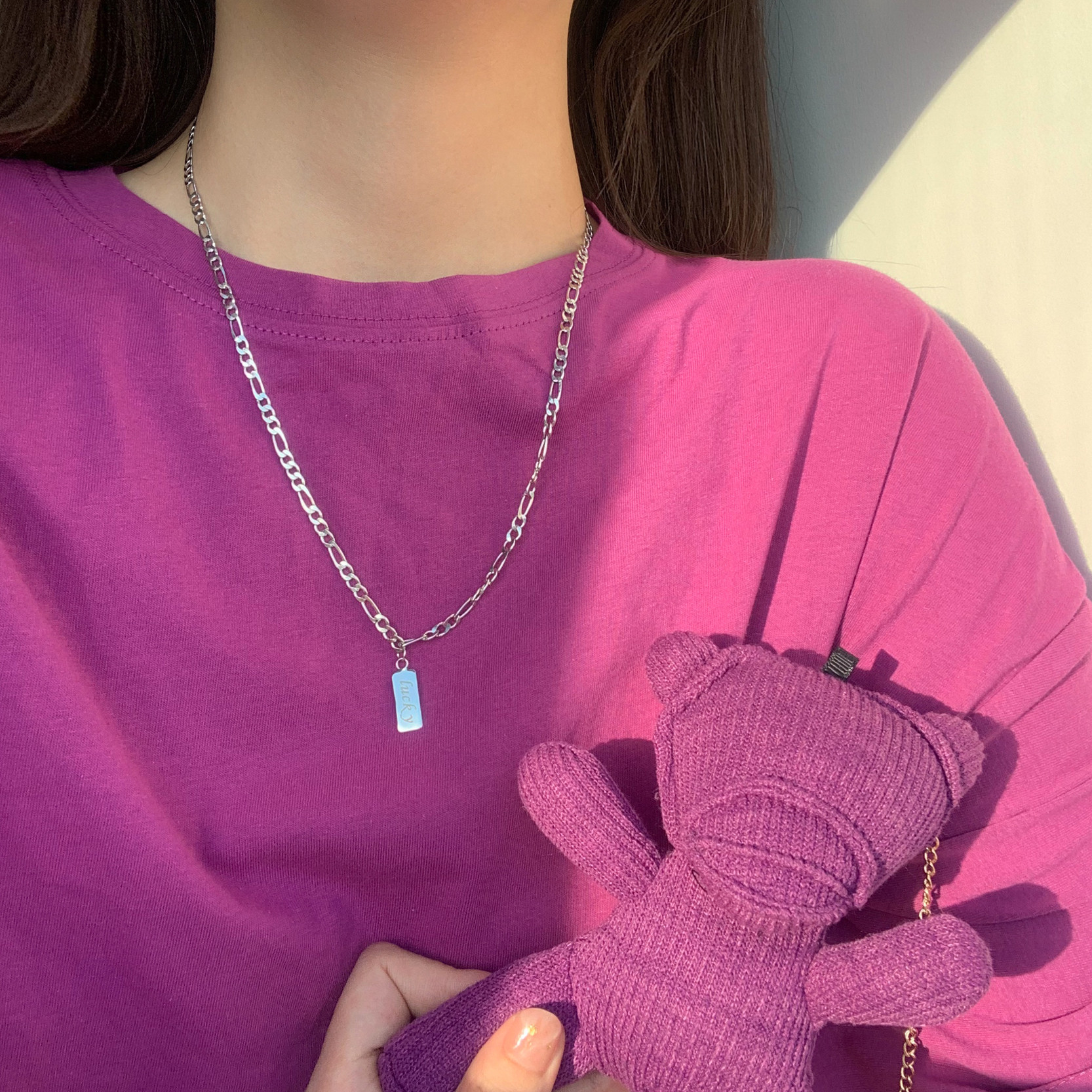 For Late Square Card Silver Necklace Female small crowd design Sensation Wool clothing Brief Joins lukewarm Wind personality Retro neck Necklace