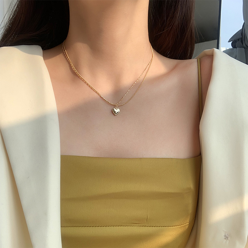 For the evening s925 silver double layer of love necklace woman lock bone chain Japan-ROK brief Peach Heart-shaped Delicate Chocker Necklace
