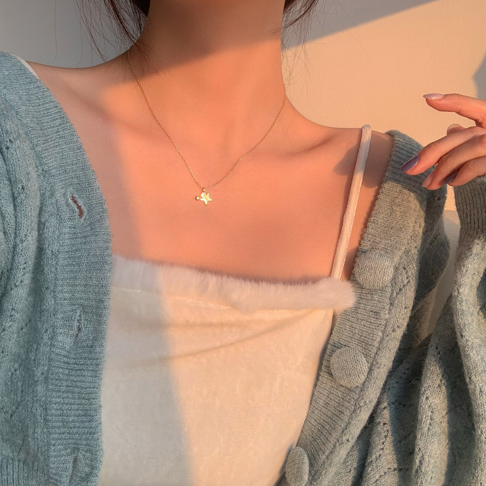 For Late Creative Gingerbread Man Pendant Mesh Red Silver Necklace Woman Lock Bones Chain Ins Little Crowdtalk Cute Temperament Necklace