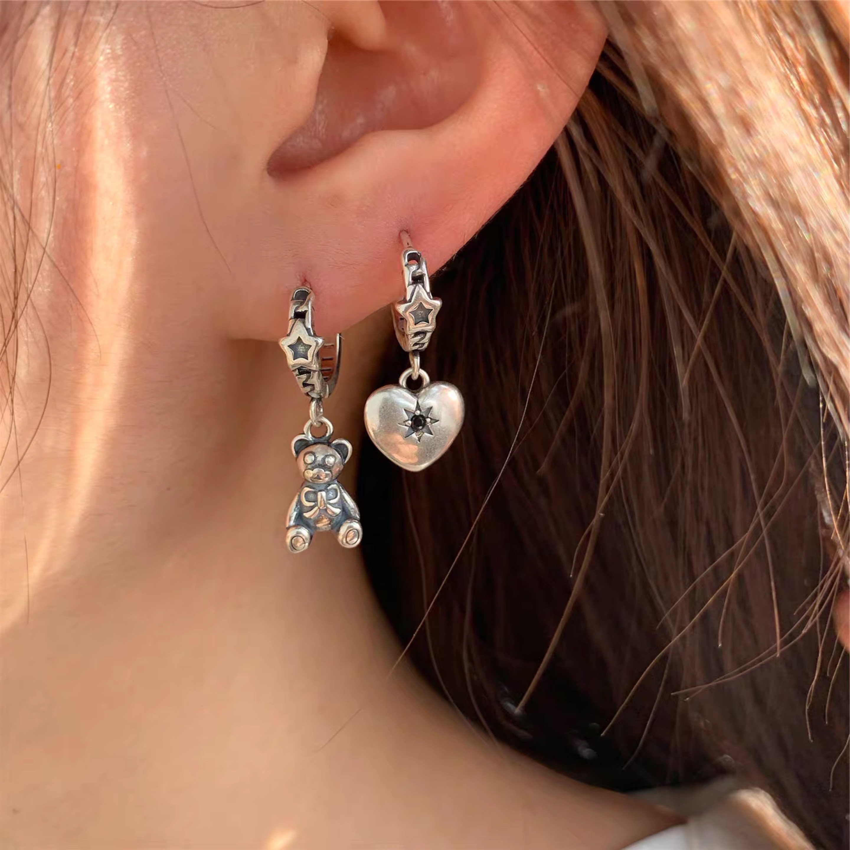 Make old vintage asymmetrical love bear ear buckle silver earrings female cool handsome street ins hip-hop net red earrings