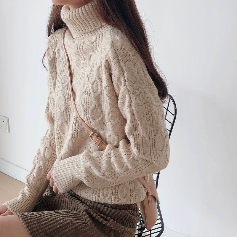 Retro CHIC giả alpaca dày dày xoắn đôi ve áo cao cổ áo nữ mùa thu và mùa đông mới cơ sở áo len màu rắn