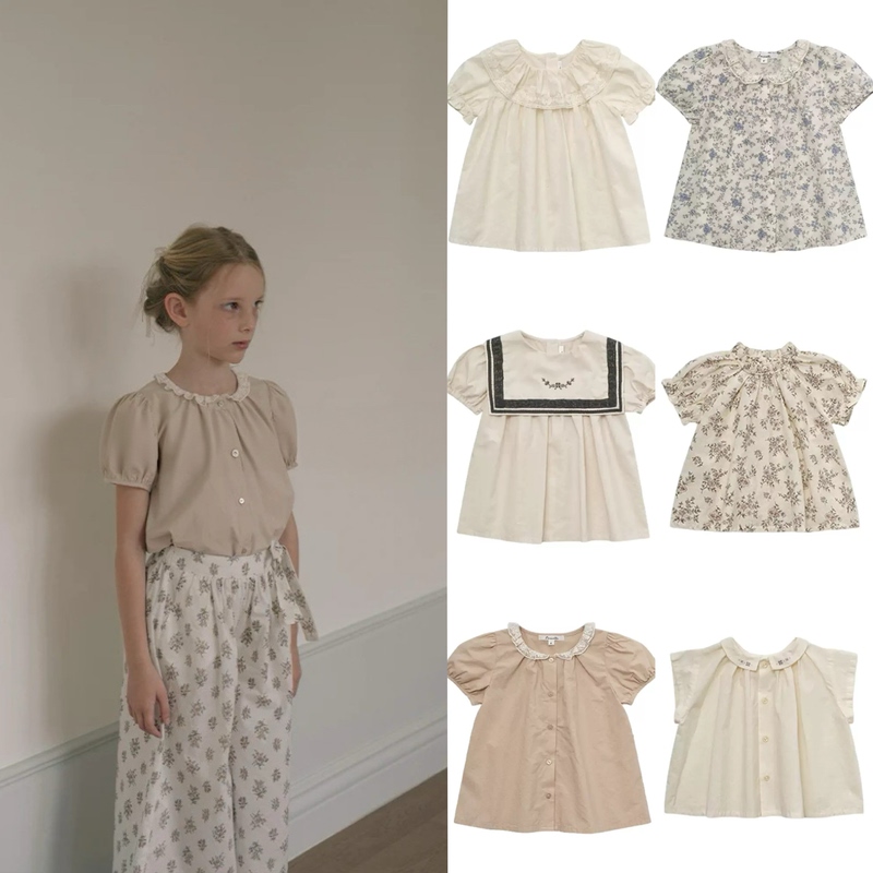 2026 Spring/Summer Lou Style Lapel Shirt with Sailor Collar for Girls, Short-Sleeved, Pure Cotton, Embroidered Floral Cute Top