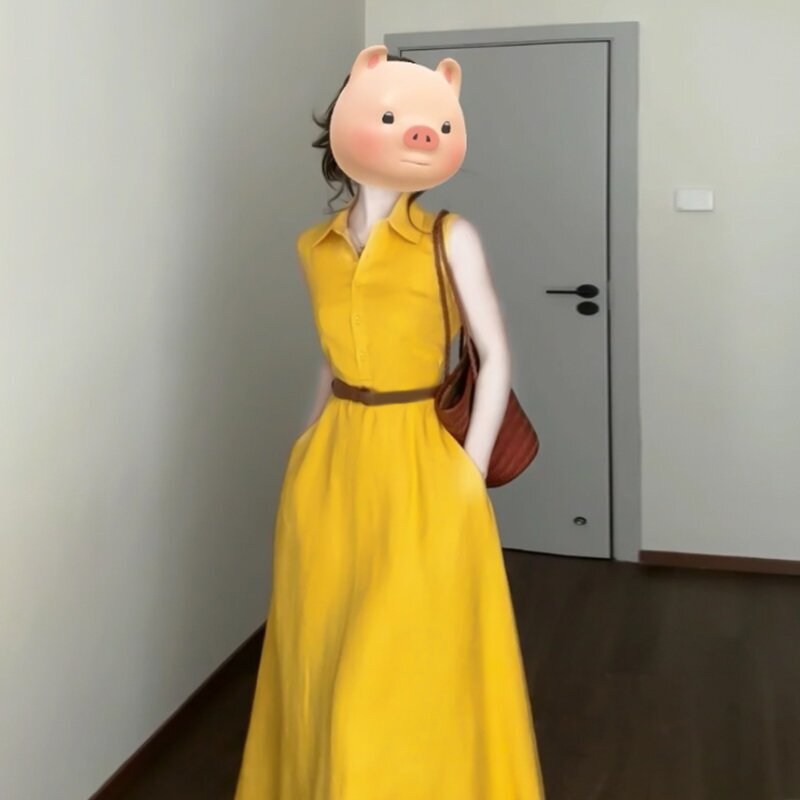 Yellow Polo Collar Shirt Dress for Women, Summer 2026 New Style, French Summer Style, Stunning Sleeveless Waist-Cinching Long Dress