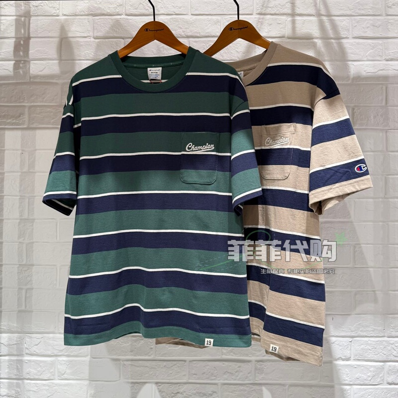 Champion Genuine 26 Spring and Summer New Men's Clothing Couple's Striped Short-Sleeved T-Shirt U6Bsssm068