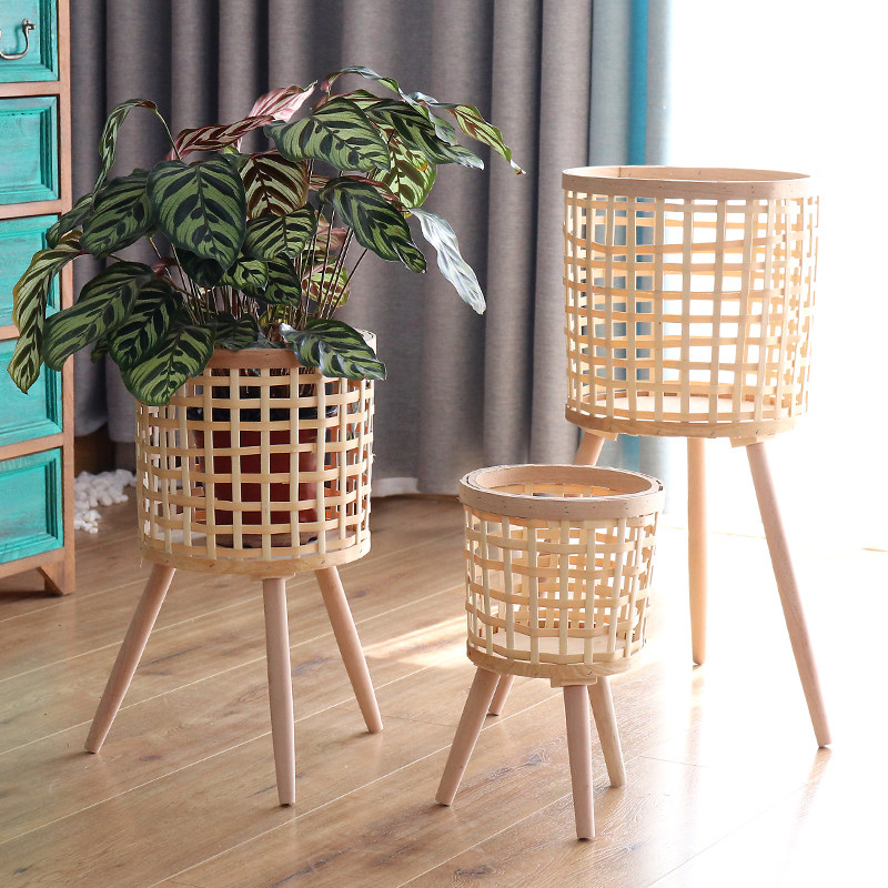 Nordic wind weaving flower frame decorated green rot large flower pot balcony living room plant bamboo flower basket turtle backed bamboo