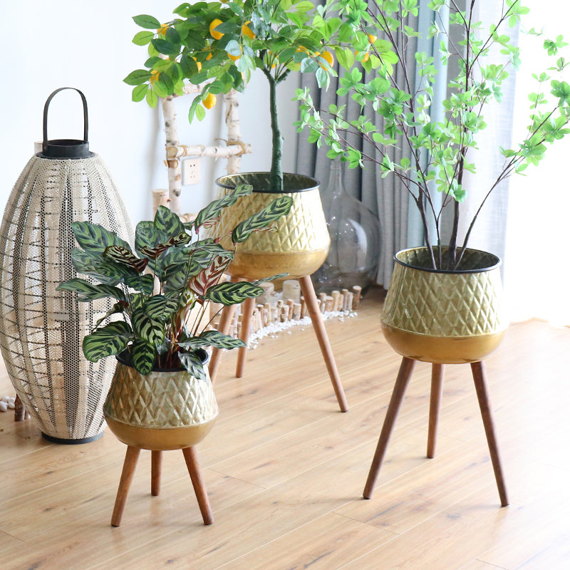 European vintage gold iron pot bracket floor bucket pot green plant decoration decoration decoration household living room balcony