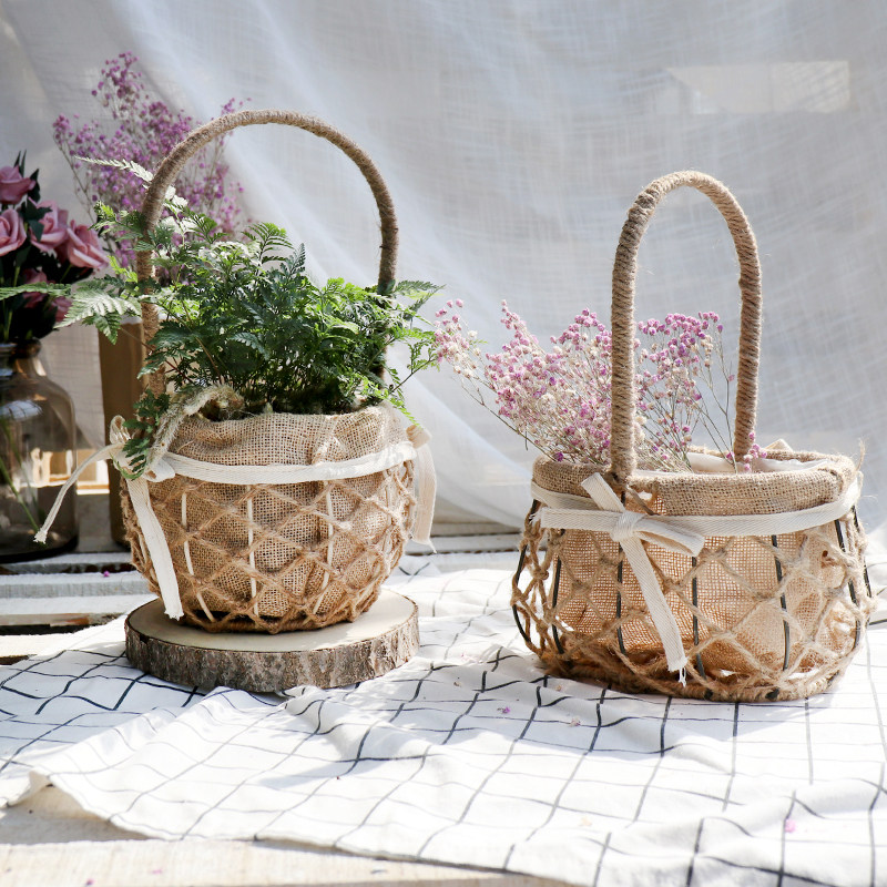 Creative hemp rope weaving portable flower basket Mori wind flower pot flower arrangement dried flower flower basket gift basket decoration green plant pot