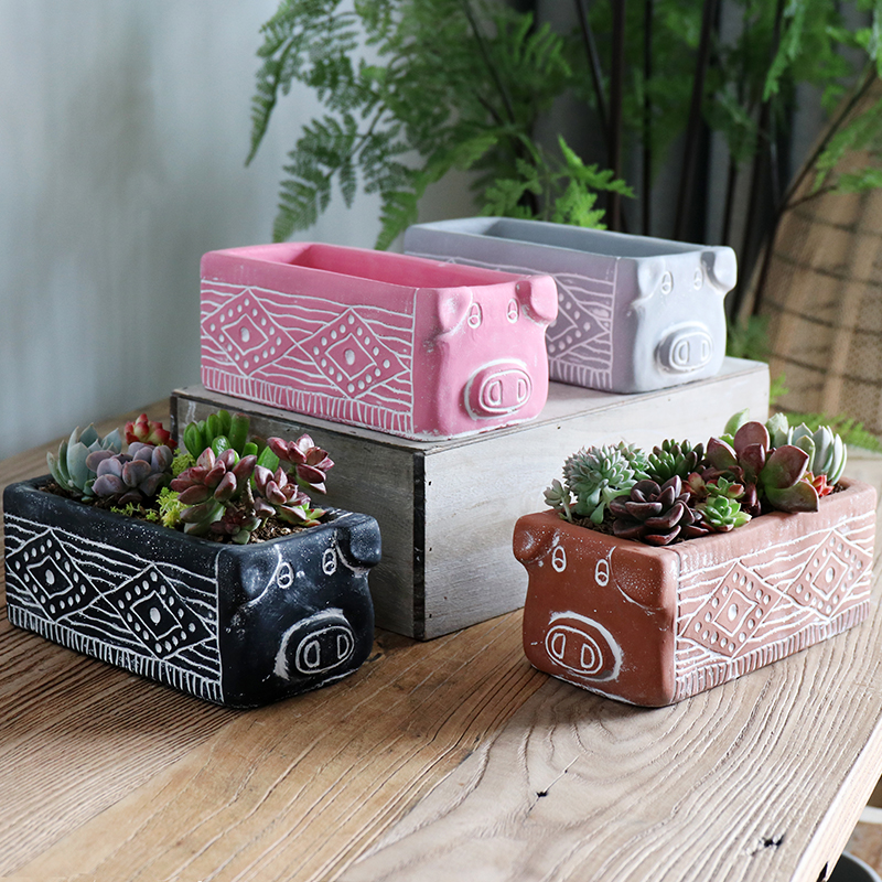 Creative Abstract Animal Cute Pig Pig Cement Flower Pot Multi-Meat Potted Florator Decoration Garden Florator Gardening Pendulum