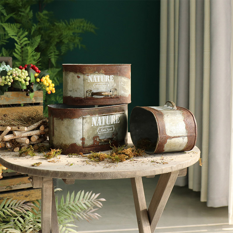 Creative retro vintage rusty wrought iron pot flower pot garden garden decoration flower bucket ornament props storage flower bucket
