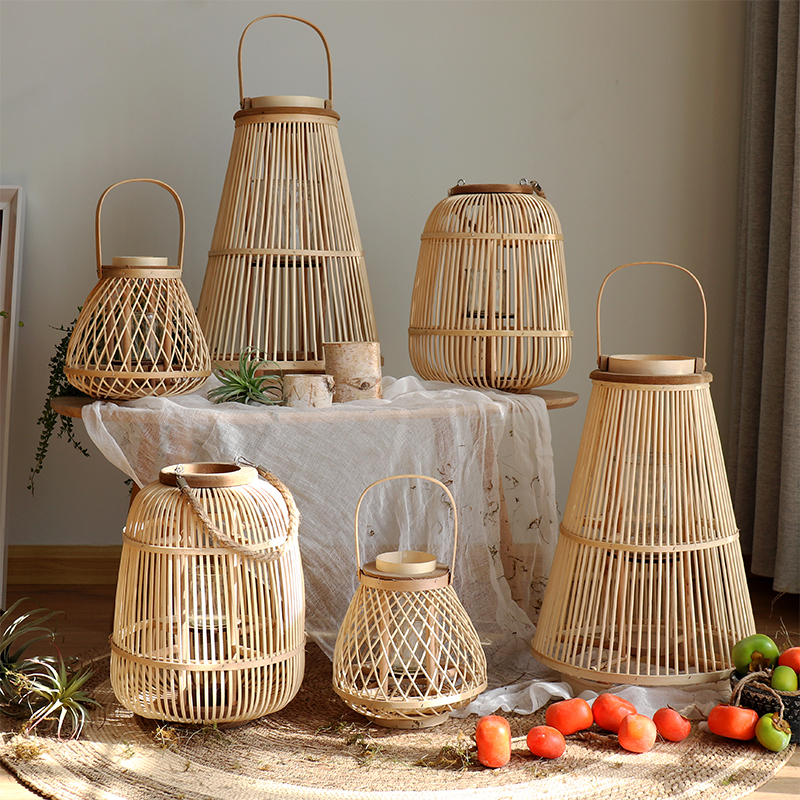Creative Bamboo and Rattan Lantern Candle Holder Floor-Standing Hanging Ornament Decoration for Model Rooms, Guesthouses, Hotels, Home Dining Tables