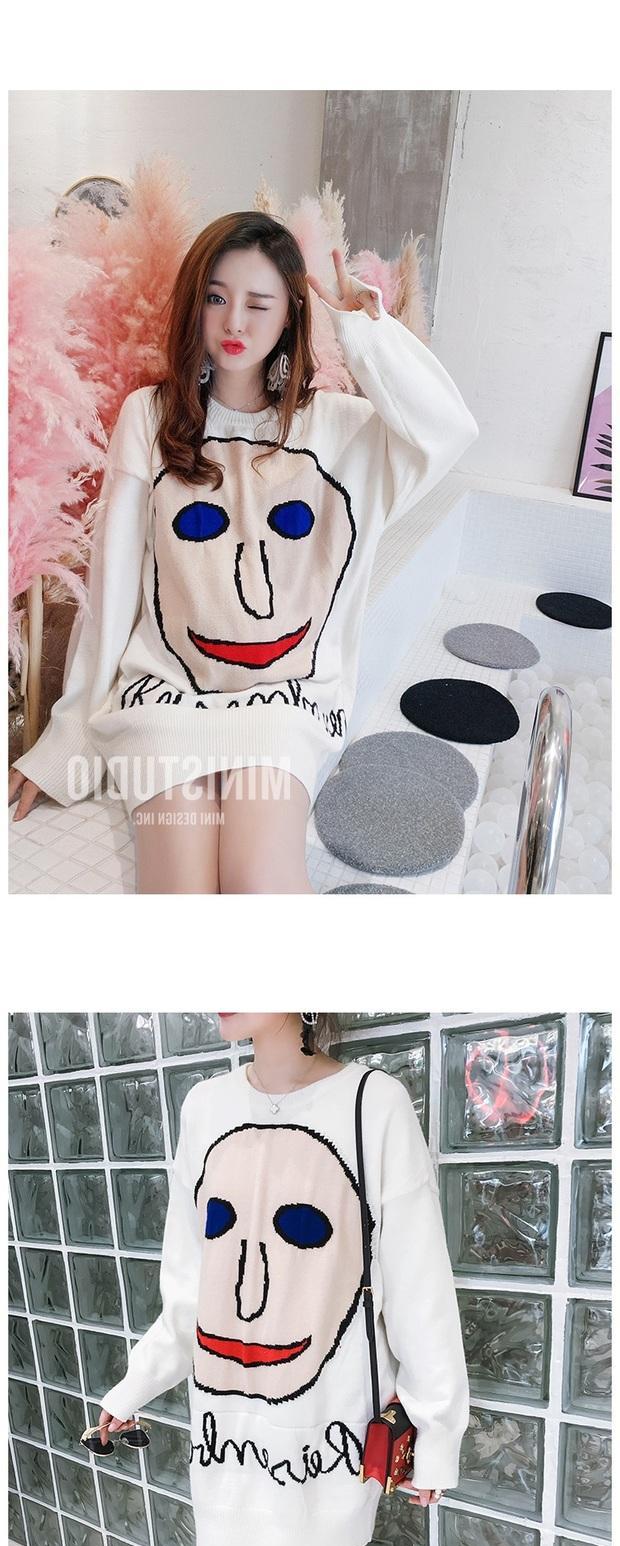 Váy dệt kim Smiley Nữ Châu Âu và Châu Mỹ Mùa thu Mùa đông Vòng Cổ dài Tay dài Eo Eo Slim Áo len dài giữa áo nữ cao cấp