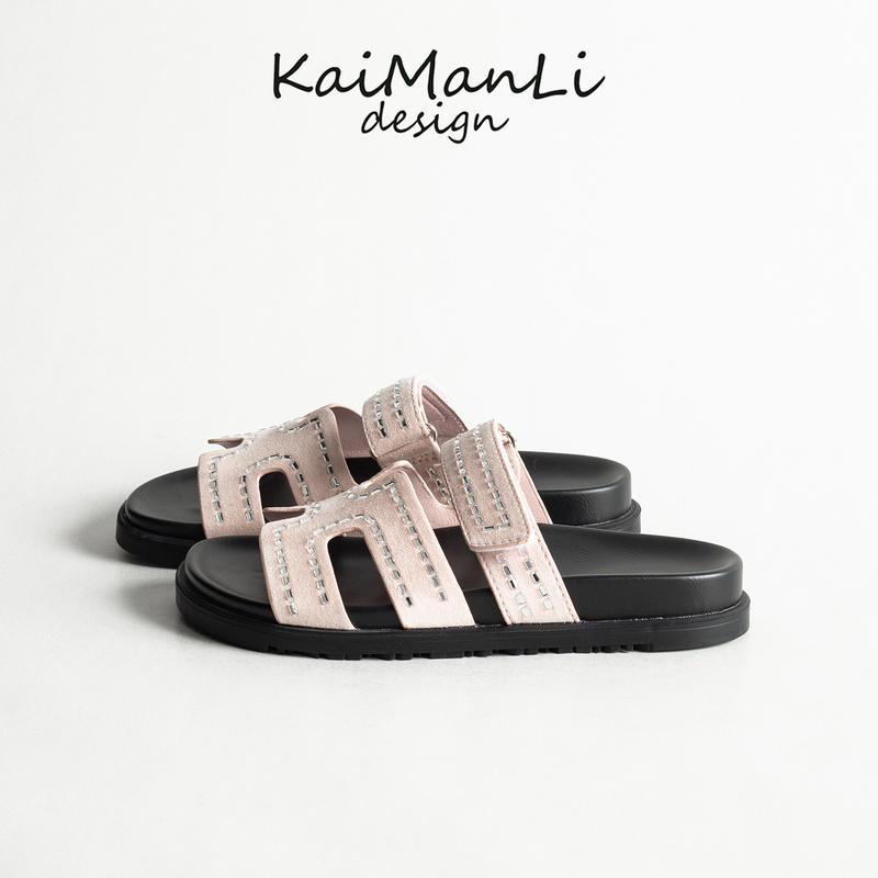 Pink Rhinestone Velcro Genuine Leather Women's Summer Casual Flat Slip-On Color-Block H-Shaped Outdoor Sandals Pink Rhinestone Velcro Genuine Leather Women's Summer Casual Flat Slip-On Color-Block H-Shaped Outdoor Sandals