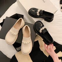 2022 spring summer new thick bottom small leather shoes Fall coarse heel pearl Inn Wind Genuine Leather Lego Shoes Women Retro Single Shoes
