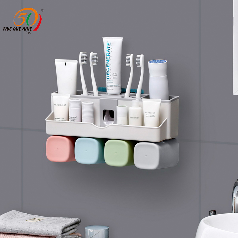 Suction Wall Type Toothbrush Shelf Toiletries Cup Suit Free of perforated toothbrushing cup shelf Auto-squeeze toothpaste Toothbrush Holder