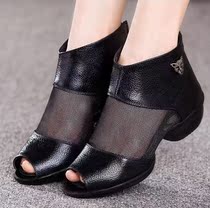 Spring and summer leather soft-soled dance shoes womens mesh fish mouth dance fitness shoes Middle-aged square sailor dance sandals