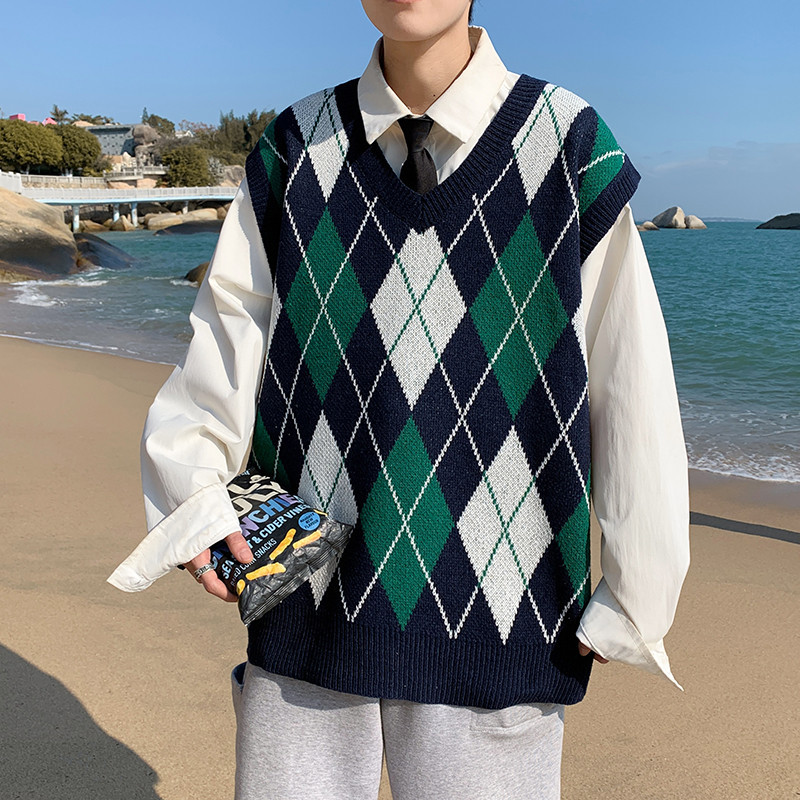 College Style Diamond-Patterned Knitted Vest for Men, 2022 New Spring Trendy Brand ins Couple's V-Neck Sweater Vest