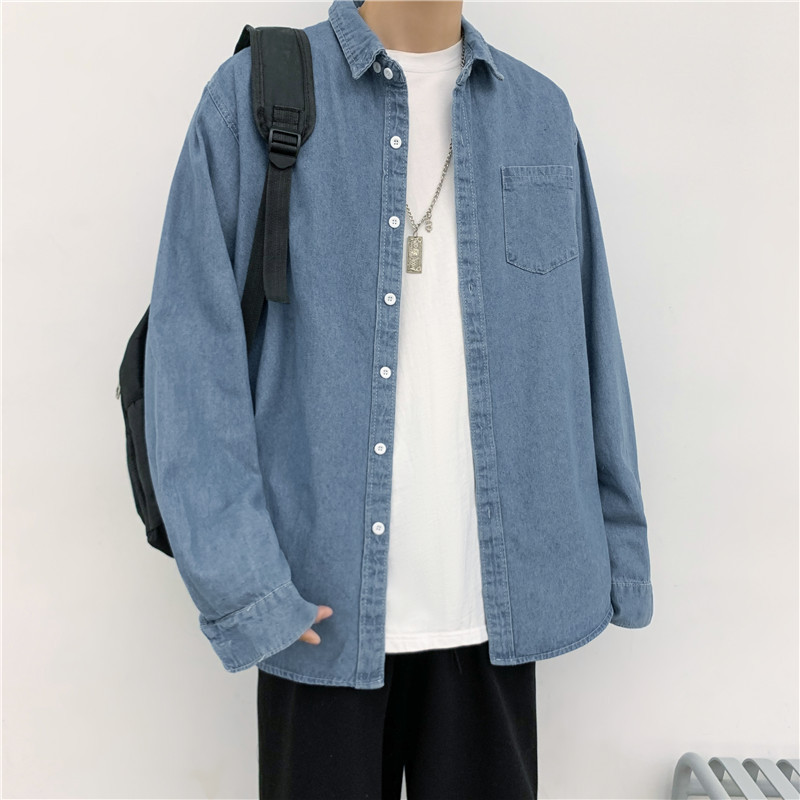 ins Trendy Retro Denim Shirt for Men, Spring and Autumn Korean Style, Stylish, Loose, Casual Long-Sleeve Shirt Jacket