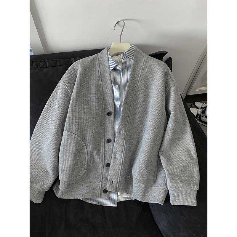 Heavyweight Waffle Knit Cardigan Sweatshirt for Men, Autumn Trendy Brand Cleanfit Jacket, American Style Lazy Loose Top