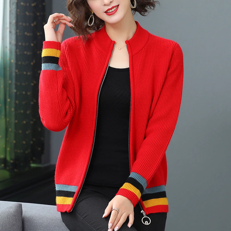 Được sản xuất trong Erdos mẫu mùa xuân và mùa thu nữ áo len cashmere nữ dệt kim cardigans ngắn dây kéo áo len đồng phục bóng chày - Vòng cổ áo len