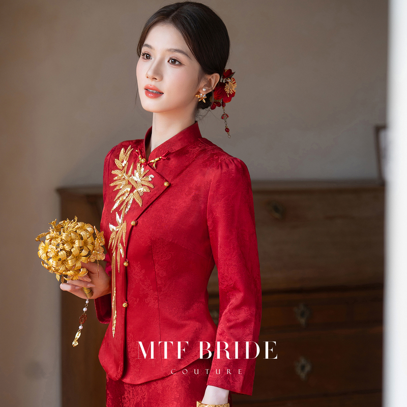 Mantingfang【Zhuyun Ii】New Chinese-Style Long-Sleeve Engagement Dress Set, Bridal Morning Robe, Homecoming Attire