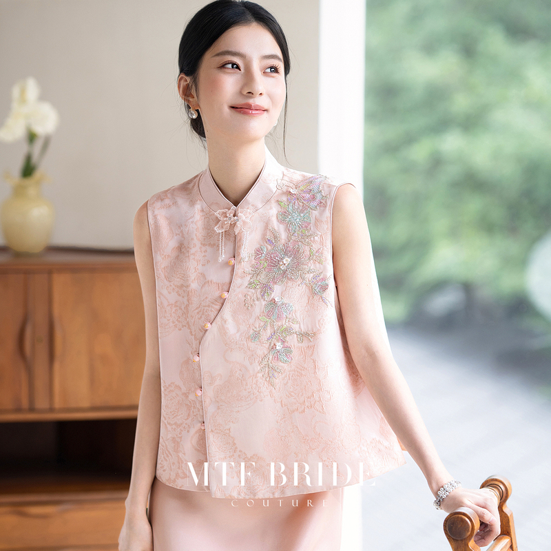 Mantingfang【Tao Shi】New Chinese-Style Sleeveless Cheongsam Set, Pink Engagement Dress, Female Bride's Wedding Toast Dress