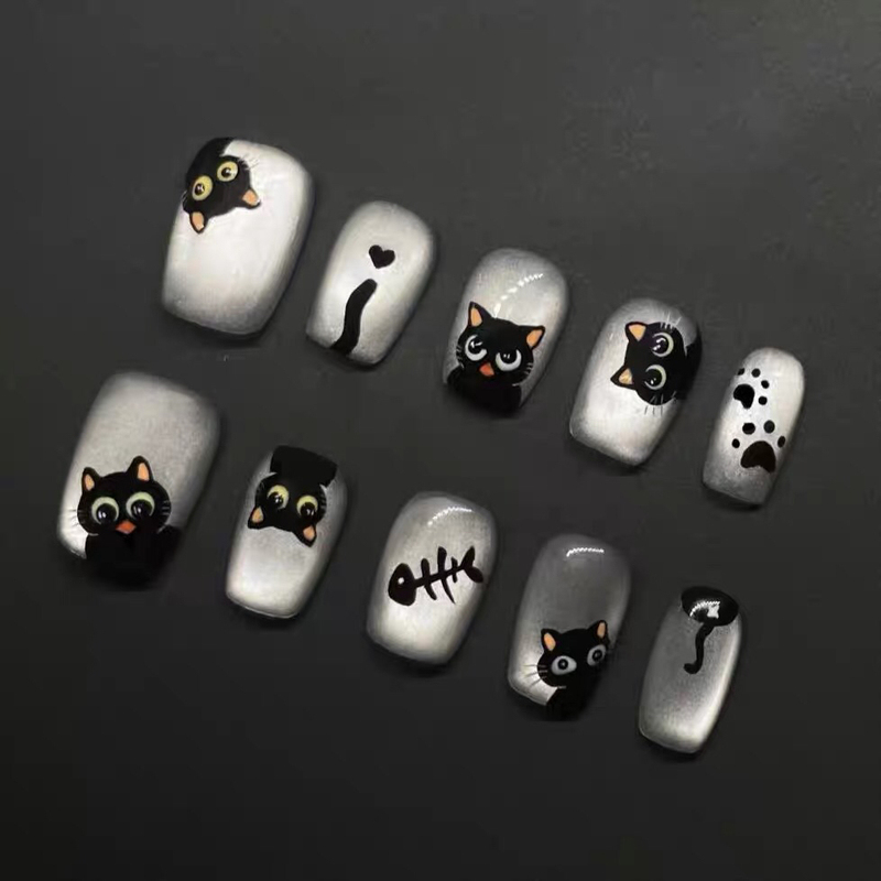 Handmade Cartoon Cat Nail Tips 2025 New Summer Style, Brightening and Gentle Manicure, Detachable Fake Nails, 10 Pieces