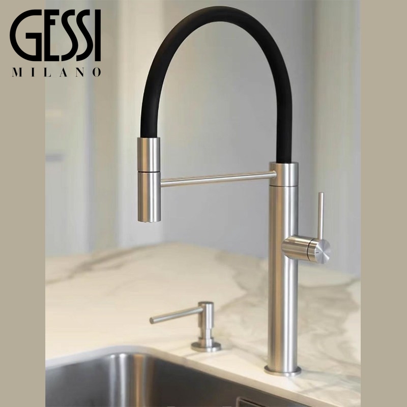 Italian Gessi All-Copper Faucet for Sink, Pull-Out and Rotatable Island Sink Hot and Cold Water Faucet, Brushed Nickel