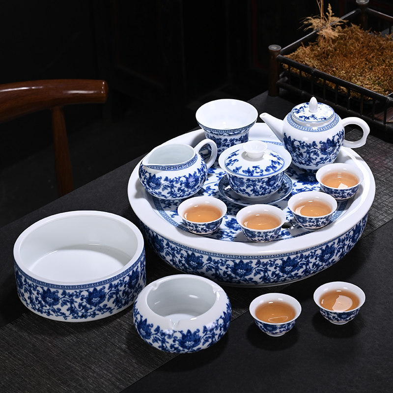 Qigfu Tea Furniture Set Group Classic Green Flower Porcelain Ceramic Cover Bowl Trigtalent Cup Home Lotus Tea Tray Retro Whole Set Tea House