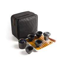 Travel tea set kung fu suit glass black tea bubble rough wood handle side pot black pottery Zen style retro Zen gift