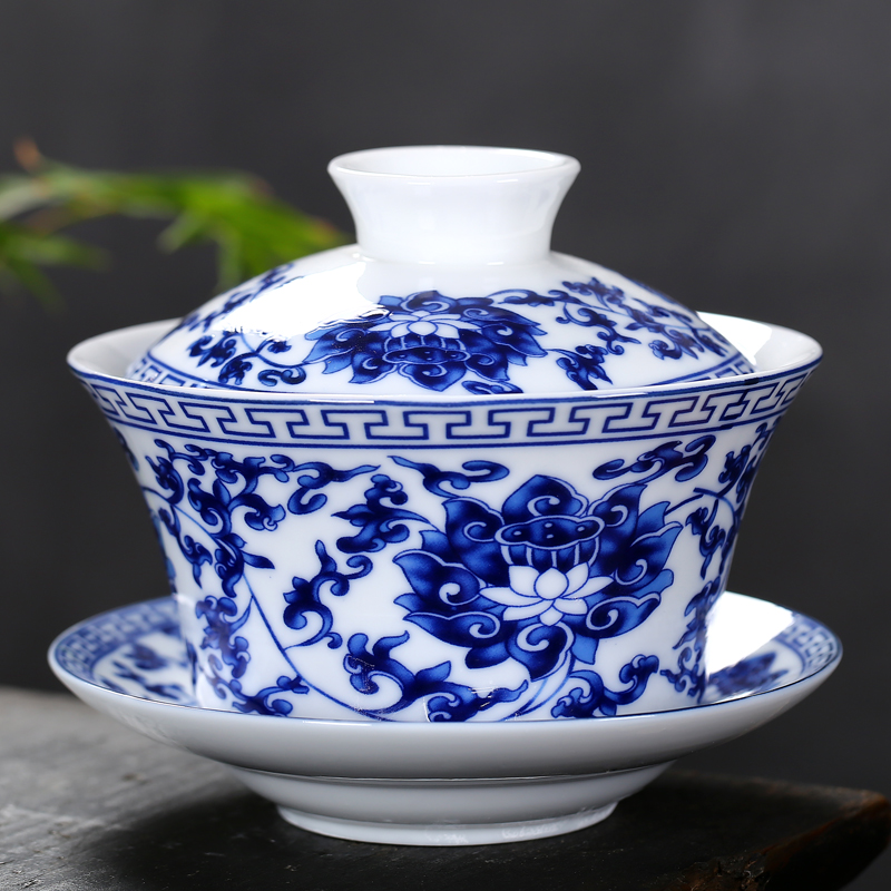 Cover bowl large blue porcelain three cups of tea cup cup cup three guns tea cup tea mountain water kung fu tea