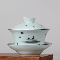 Cover bowl large blue and white porcelain Jingdezhen Sanchai Cup hand-painted kung fu tea set eight treasure tea bowl thickened 4 8 inches