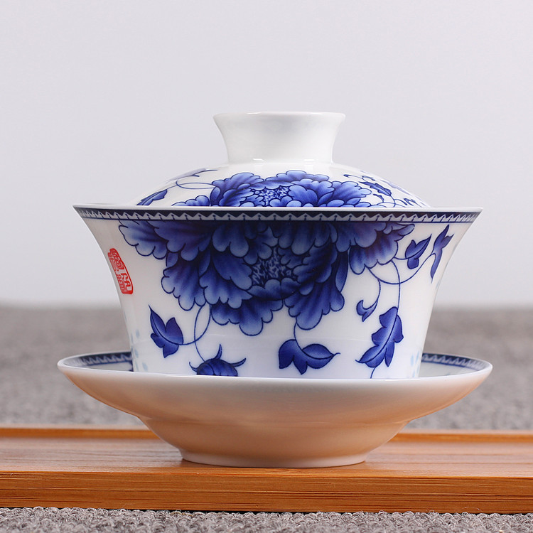 Cover Bowl big number Jingdezhen Qinghua Porcelain Hand-painted Three-talent Cup Eight Precious Tea Bowl ceramic Gongfu Tea with tea cup white porcelain